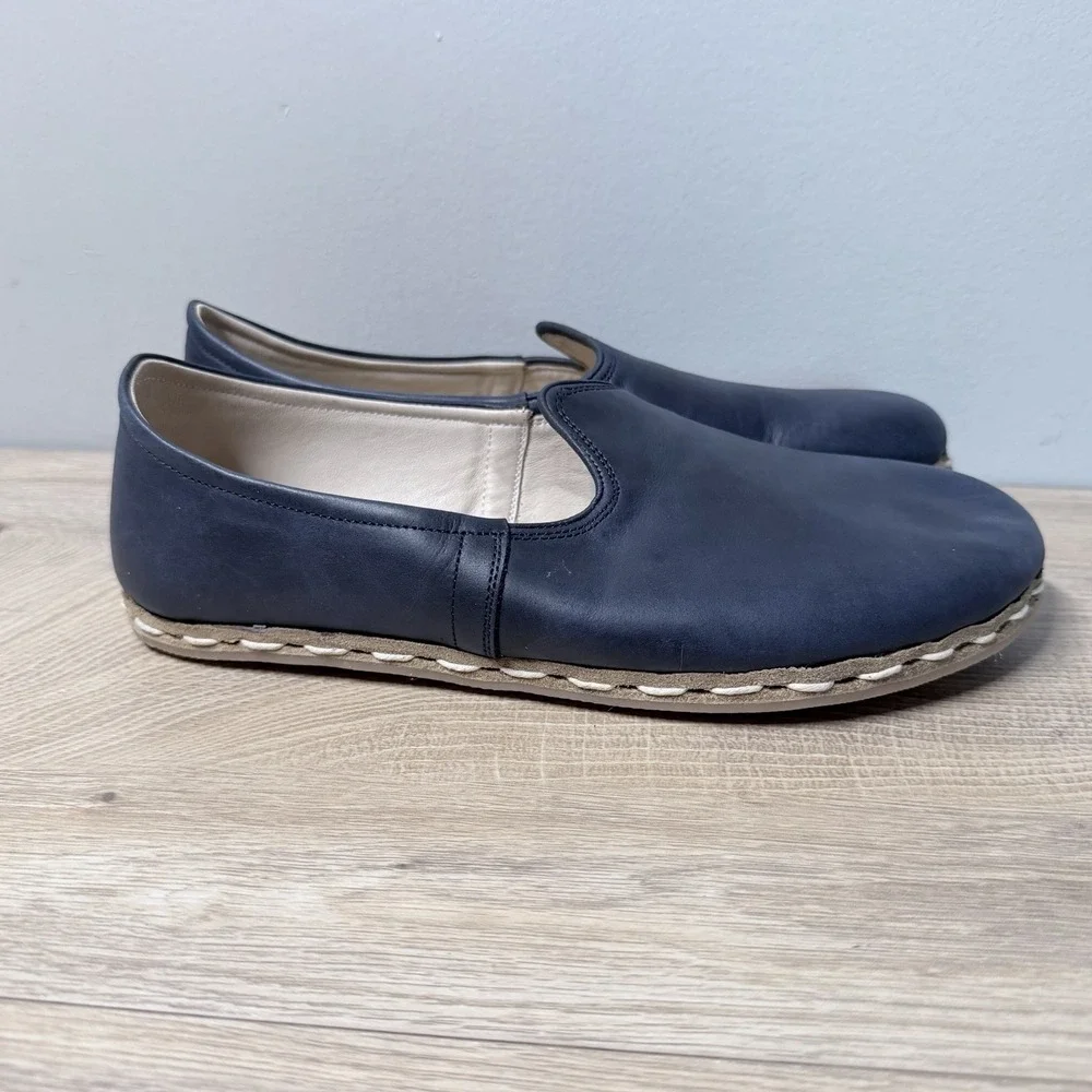 Atlantis Handmade Leather Slip‎ On Shoes Blue Mens 7.5 Blue Whipstitch Barefoot